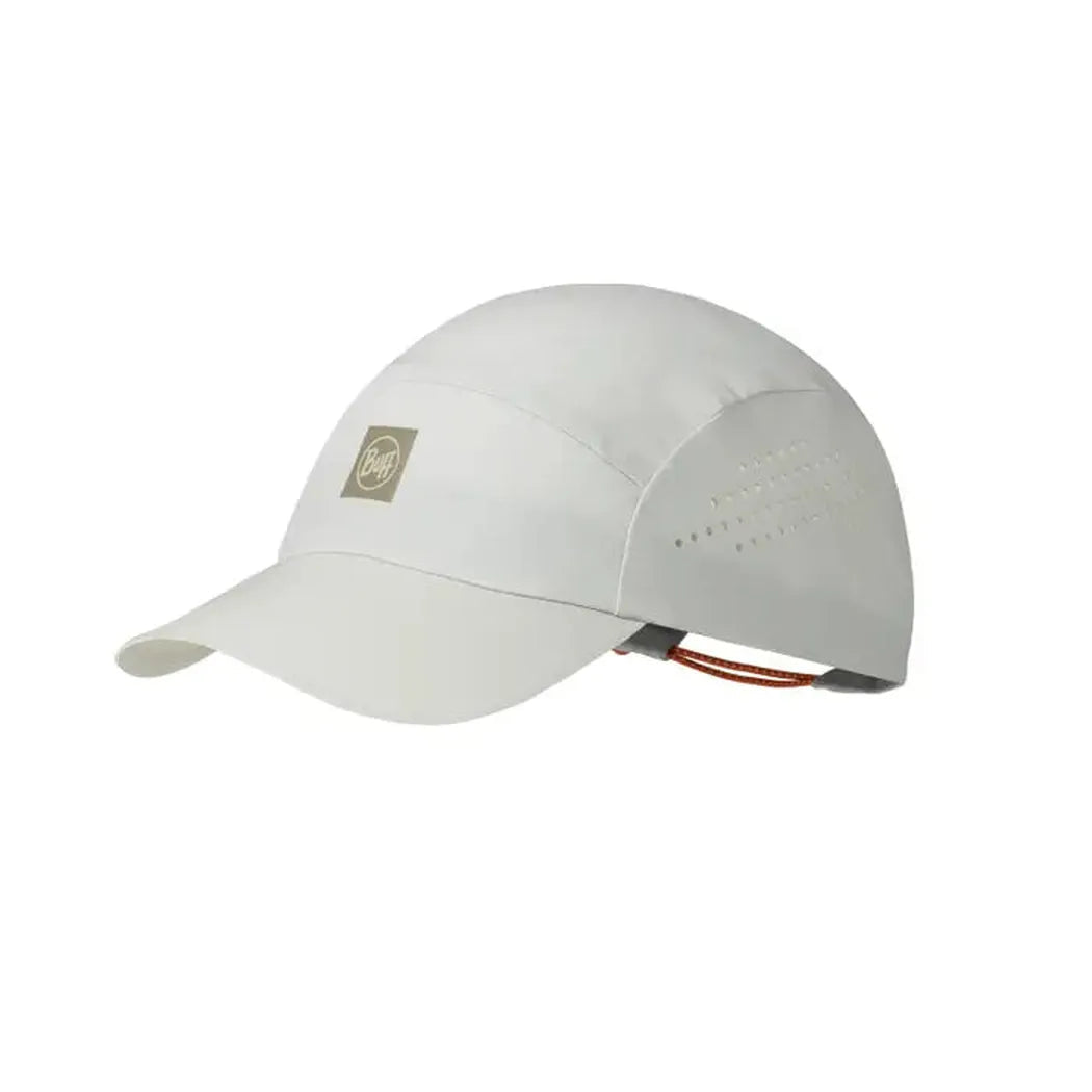 A front view of the Birch Grey Buff Pack Speed Cap - Acro with a small logo on the front and a red cord visible under the brim against a white background.