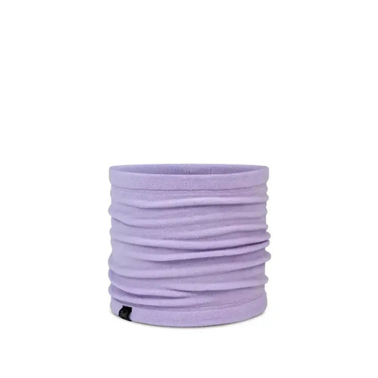 A close-up of the Buff Polar Neckwarmer - Heather in Grape Ice, showing its folded texture and a small black tag on the bottom, against a plain white background.