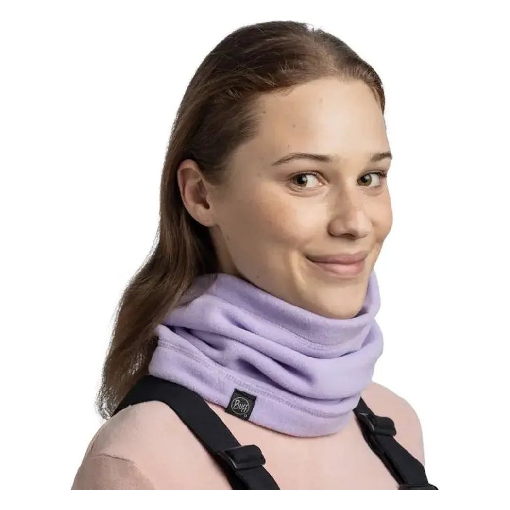 A model wears the Buff Polar Neckwarmer - Heather in Grape Ice, shown from the front against a white background.