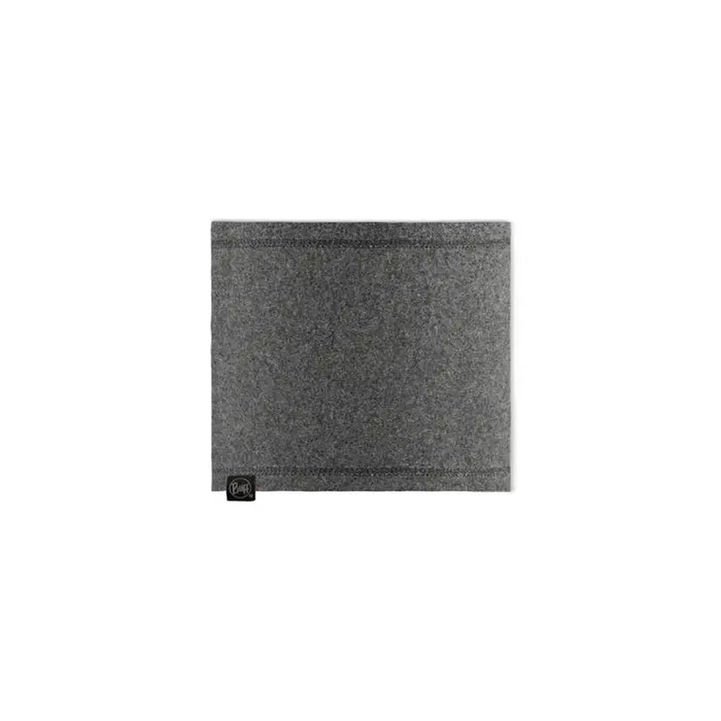A charcoal heather Buff Polar Neckwarmer is shown from a front angle with a small tag visible on the bottom left corner against a white background.