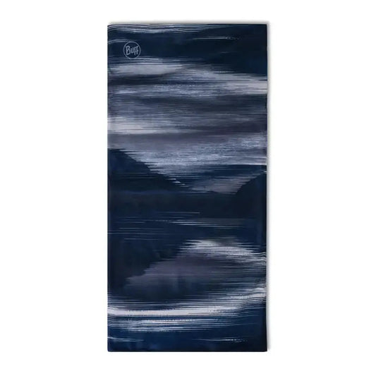 A navy Buff Polar Reversible Arky bandana with a dark, abstract pattern is shown in a vertical front view.