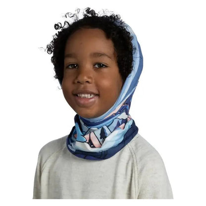 A front view of the Blue Buff Pow Original Ecostretch - Pow Riam bandana on a model wearing a light gray shirt against a white background.
