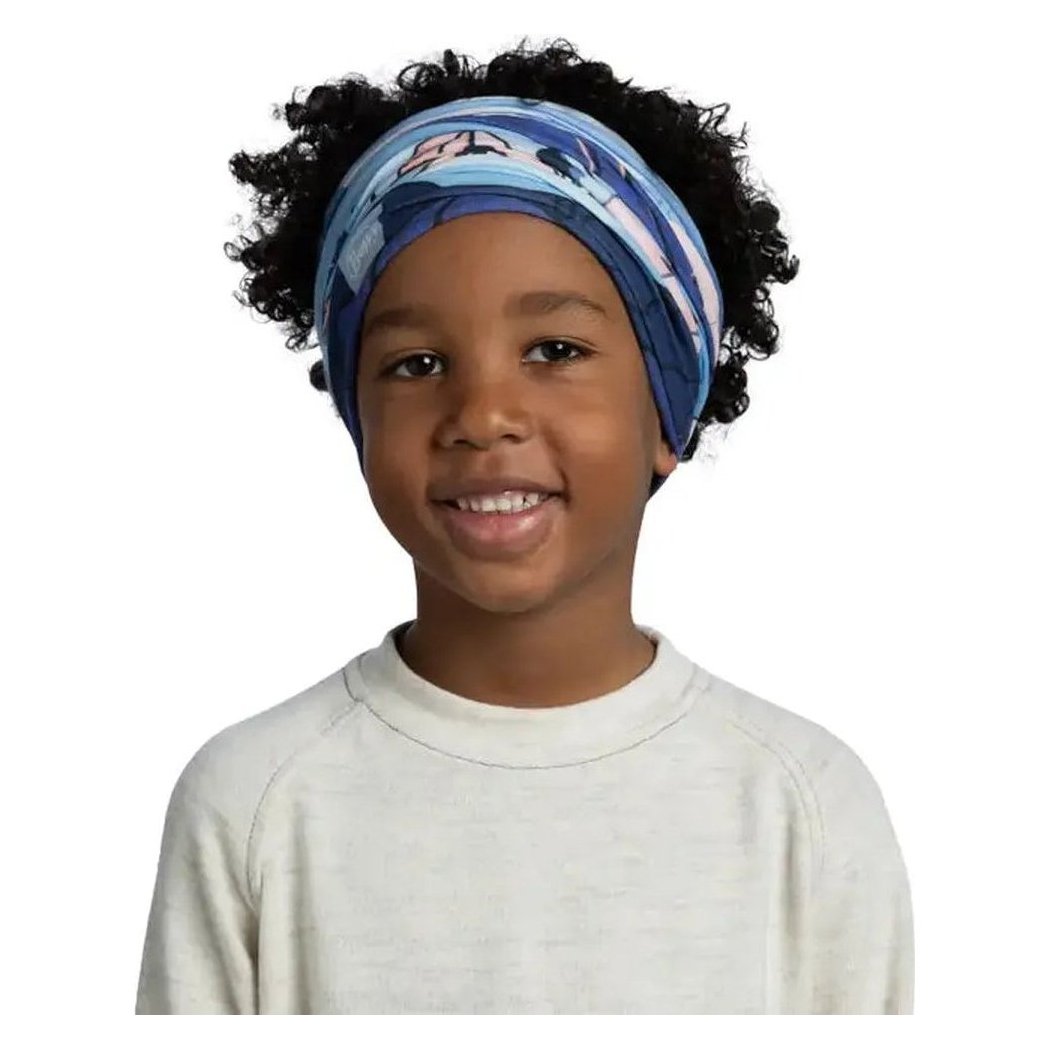 A front view of the Blue Buff Pow Original Ecostretch - Pow Riam headband on a child with a white background.