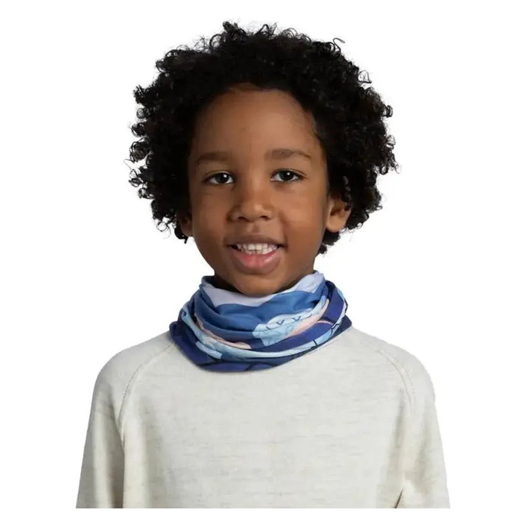 A front view of the Blue Buff Pow Original Ecostretch - Pow Riam bandana on a child wearing a light gray shirt against a white background.