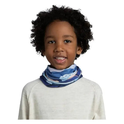 A front view of the Blue Buff Pow Original Ecostretch - Pow Riam bandana on a child wearing a light gray shirt against a white background.