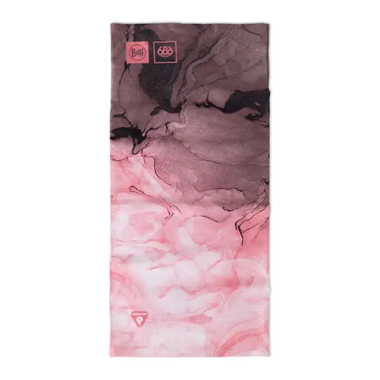 A front view of the Buff Thermonet - Cloudbreaker 686 pink bandana with a marbled pattern and logos against a white background.