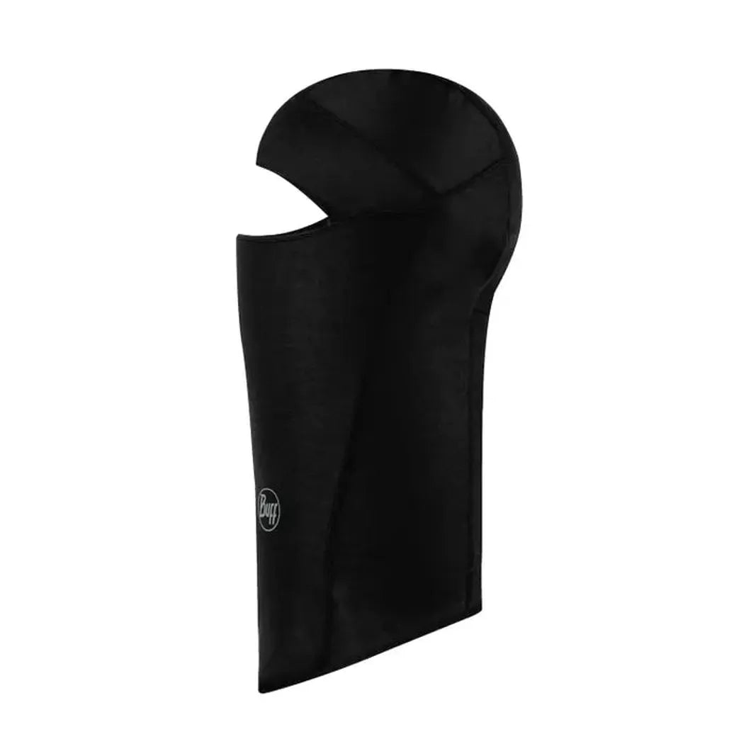 Side view of the Buff Thermonet Hinged Balaclava - Solid in Black showing the hinged opening against a white background.