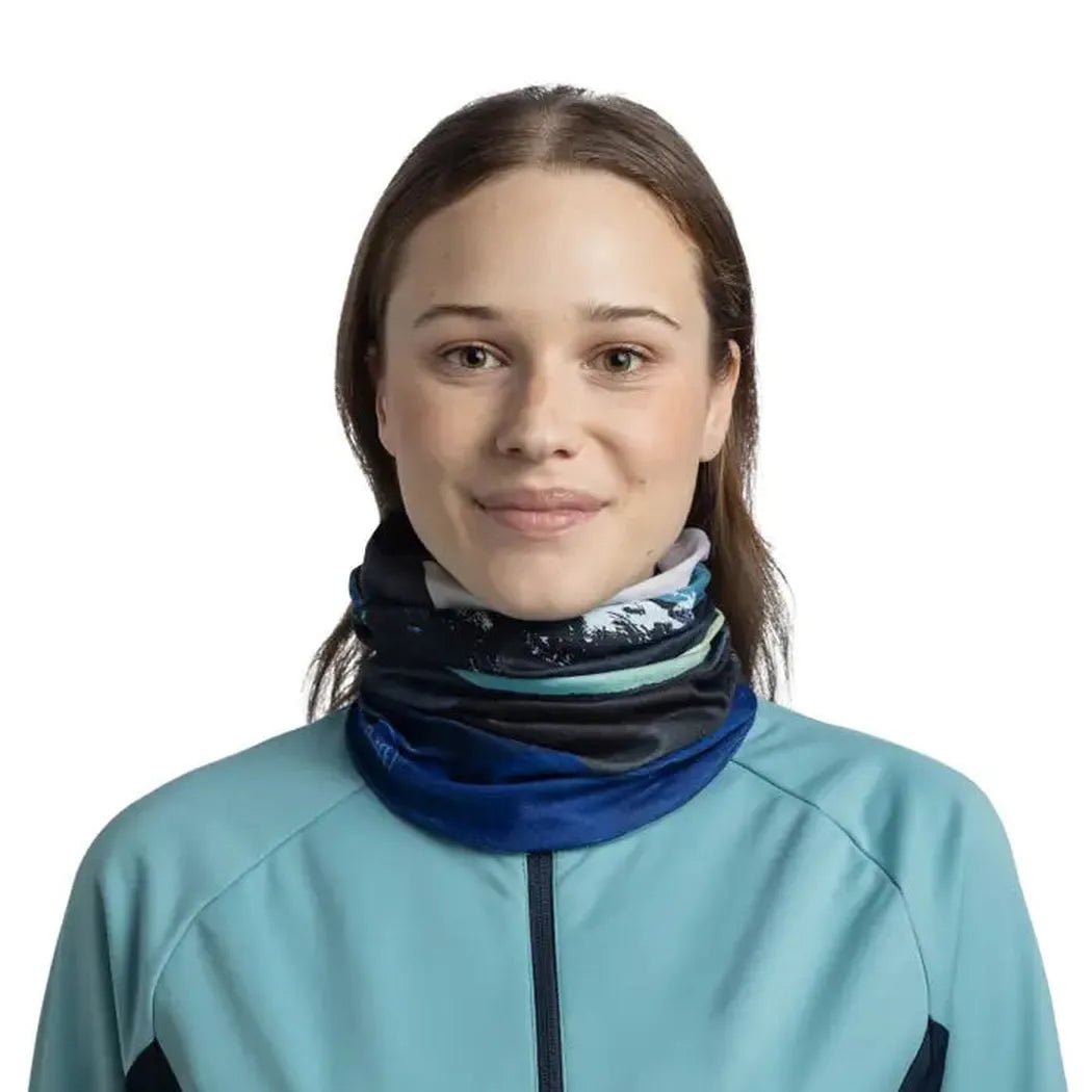 A model wears the Blue Buff Thermonet - Munke neck gaiter against a plain white background.