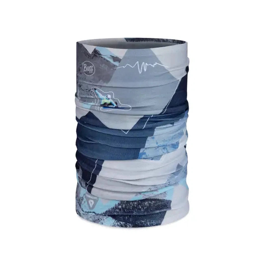 A front view of the Buff Thermonet - Synth blue bandana showing its geometric pattern and logo against a white background.