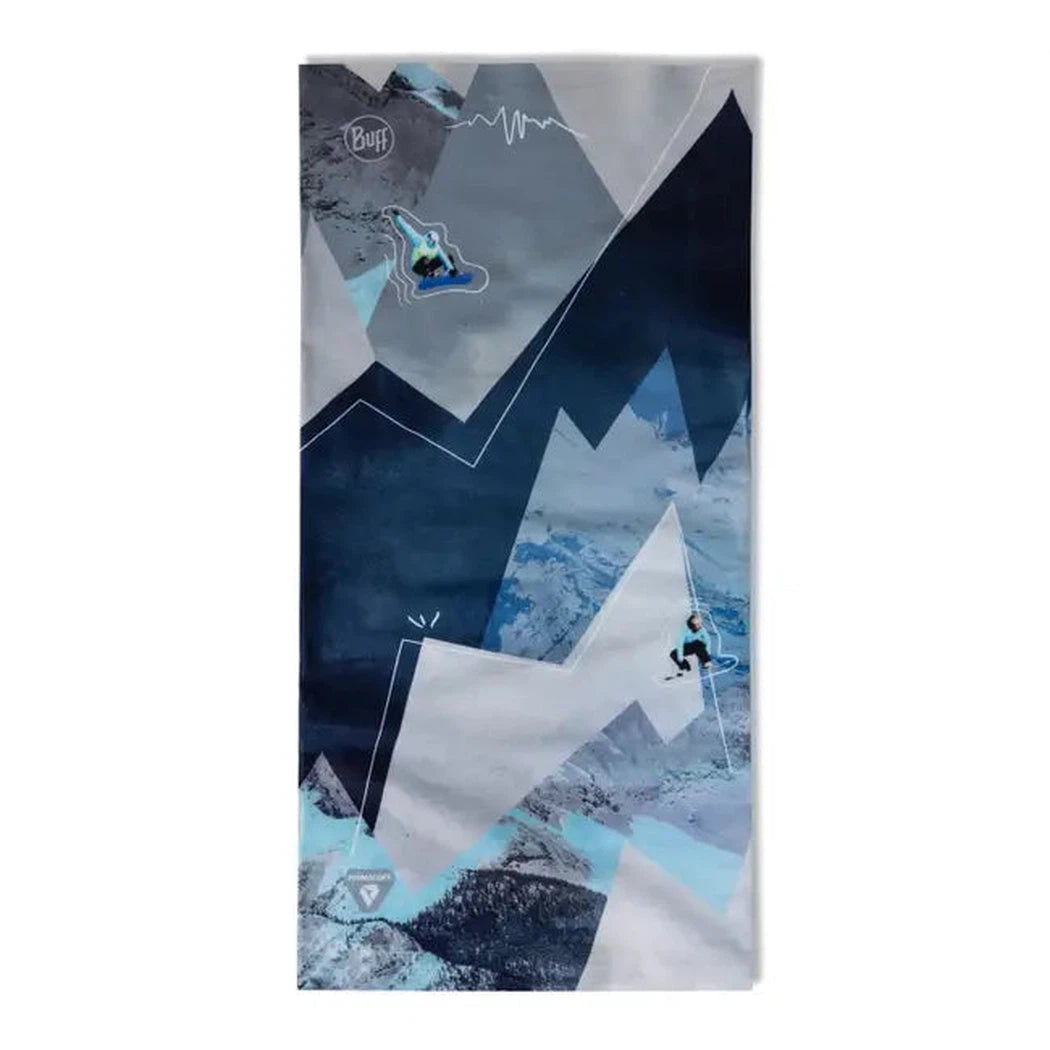 A blue Buff Thermonet - Synth bandana with a snowboarder graphic against a mountain background.