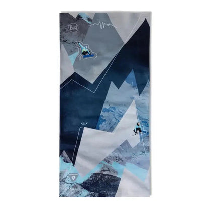 A blue Buff Thermonet - Synth bandana with a snowboarder graphic against a mountain background.