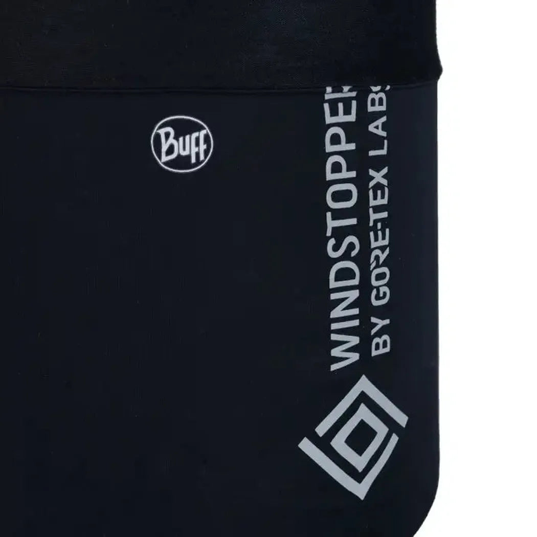 Close-up of a black Buff Windstopper bandana by Gore-Tex Lab with white branding on the side.