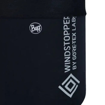 Close-up of a black Buff Windstopper bandana by Gore-Tex Lab with white branding on the side.