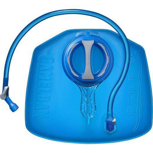 Blue CamelBak Crux Lumbar 3L Reservoir with a curved drinking tube and a central bite valve, shown from a top-down angle against a white background.