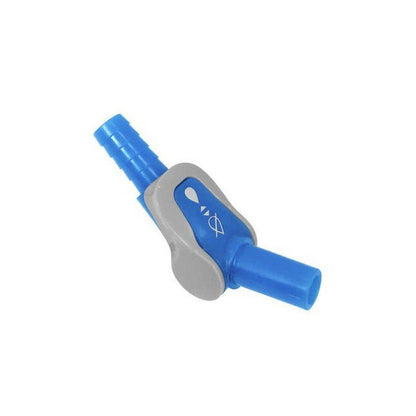 A blue CamelBak Crux Reservoir On/Off Valve with a gray accent, shown from a side angle against a white background.