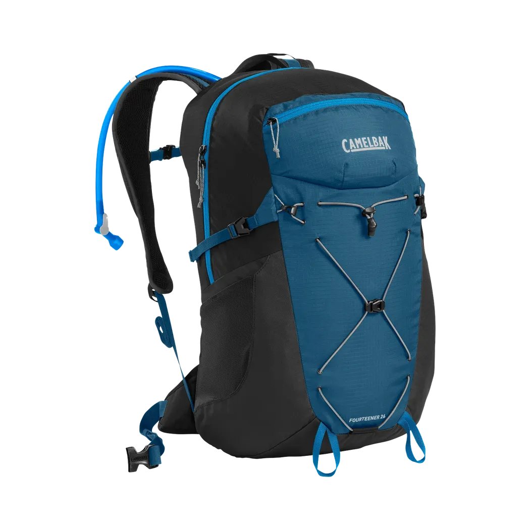 A front view of the CamelBak Fourteener 26 3L hydration backpack in Graphite/Red Poppy with blue accents and a white background.