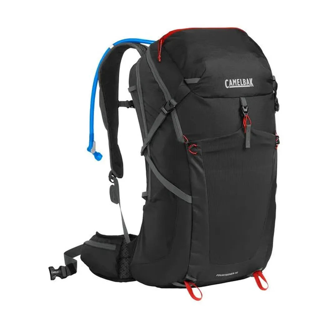 A front view of the CamelBak Fourteener 32 backpack in Gibraltar Navy/Summer Lime with a blue hydration tube visible against a white background.