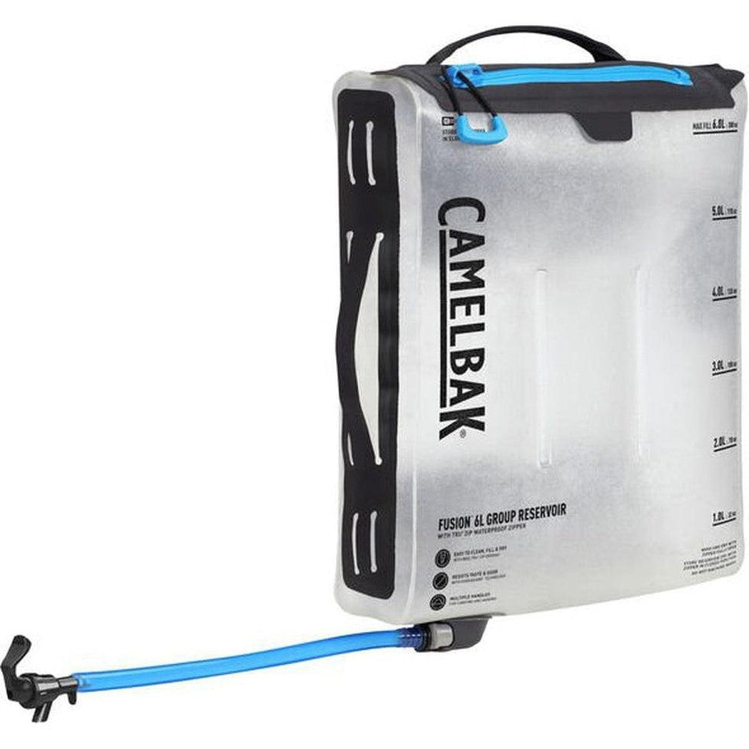 A side view of the CamelBak Fusion Group Hydration Reservoir in 6L showing the blue drinking tube and black handle.