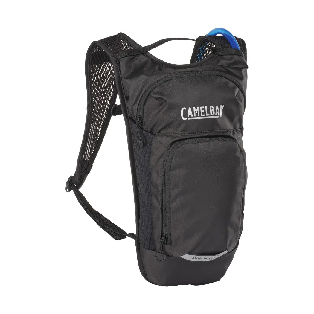 A front view of the black CamelBak Mini Mule 1.5L hydration pack with mesh shoulder straps and a blue tube visible at the top.