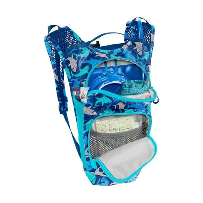 A front view of the CamelBak Mini Mule 1.5L in Sharks showing the hydration reservoir and front pocket against a white background.