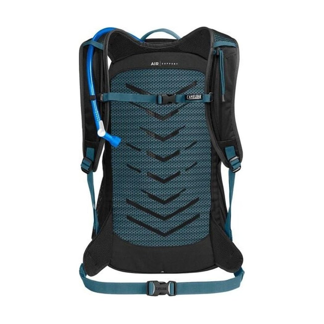 Back view of the CamelBak Rim Runner X22 1.5L hydration pack in Black with a blue hydration tube and a white background.