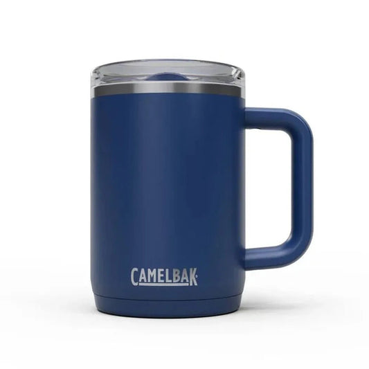 A front view of the CamelBak Thrive Mug VSS 16oz in Black with a clear lid and handle against a white background.