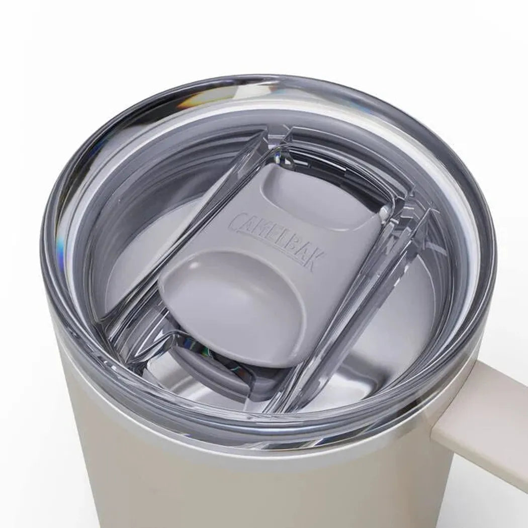 Top-down view of the CamelBak Thrive Mug VSS 16oz in Black showing the lid and handle against a white background.