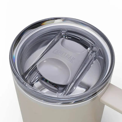 Top-down view of the CamelBak Thrive Mug VSS 16oz in Black showing the lid and handle against a white background.