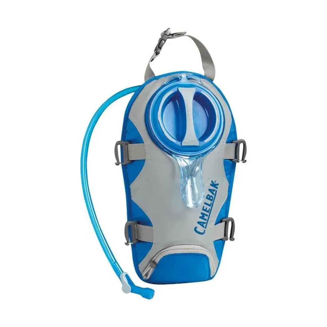 A front view of the CamelBak Unbottle 2L - 70oz hydration reservoir with a blue tube and gray straps against a white background.