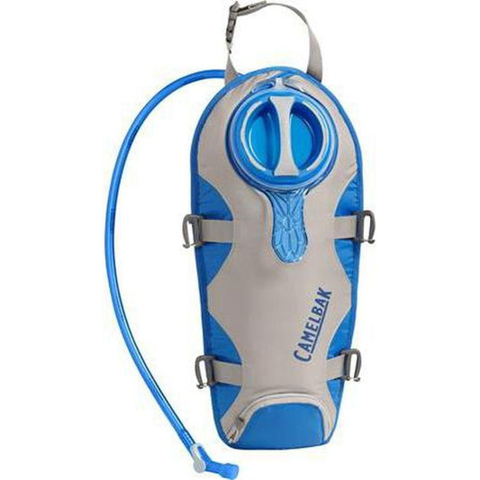 Side view of the CamelBak Unbottle 3L in Frost Grey/Turkish Sea showing the bite valve and hydration tube against a white background.