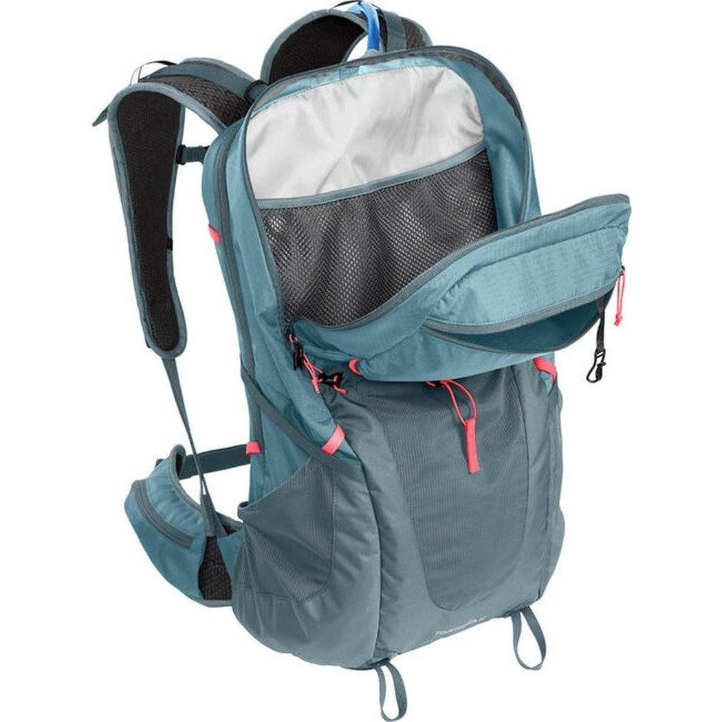 A front view of the CamelBak Women's Fourteener 30 in Smoke Blue/Fiery Coral showing the open top compartment and side pockets against a white background.