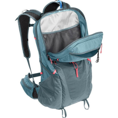 A front view of the CamelBak Women's Fourteener 30 in Smoke Blue/Fiery Coral showing the open top compartment and side pockets against a white background.