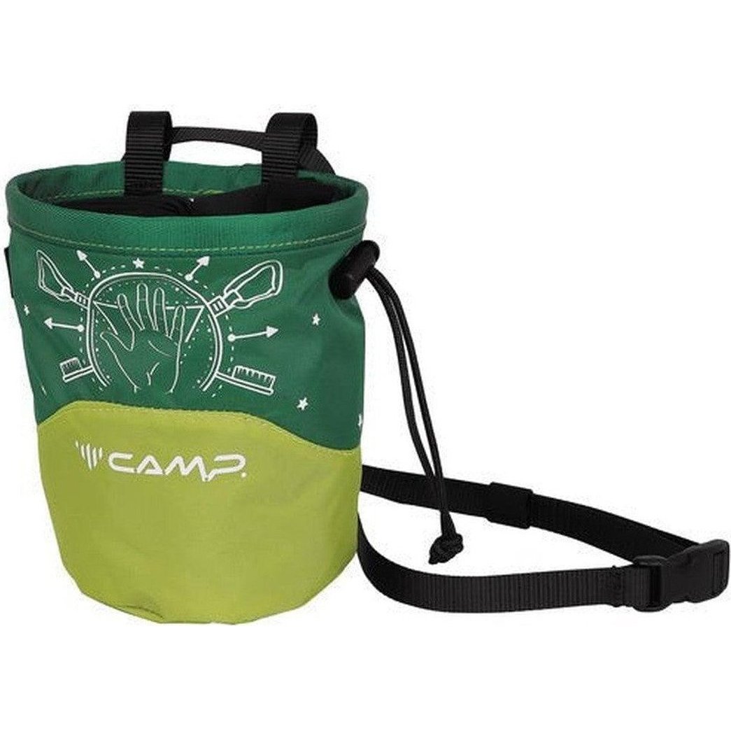 A front view of the CAMP Acqualong Chalk Bag in Grigio/Blue with a black shoulder strap against a white background.