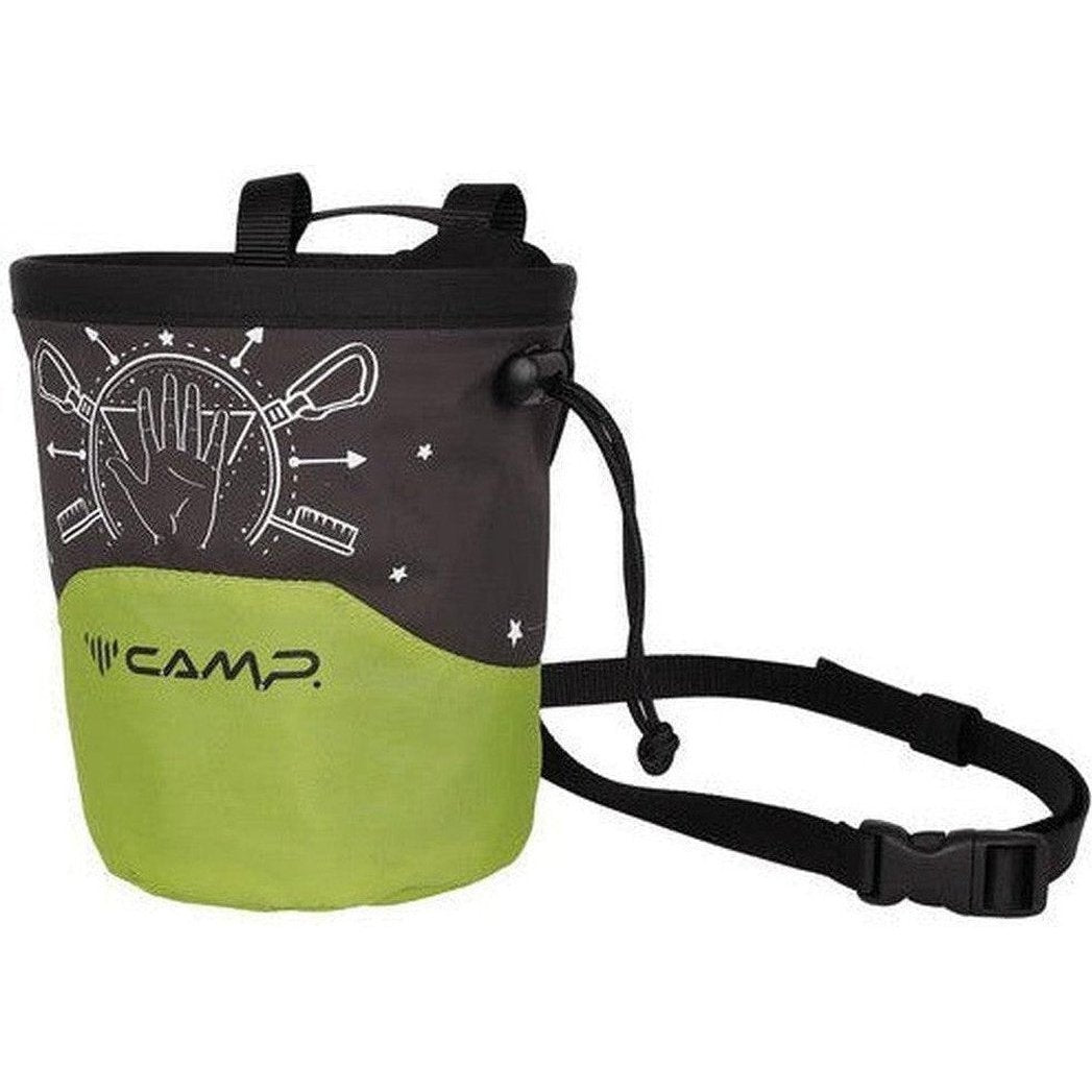 A side view of the CAMP Acqualong Chalk Bag in Grigio/Blue with a black shoulder strap and white graphic design against a white background.