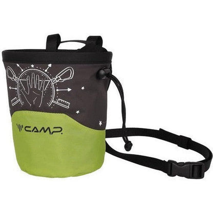 A side view of the CAMP Acqualong Chalk Bag in Grigio/Blue with a black shoulder strap and white graphic design against a white background.