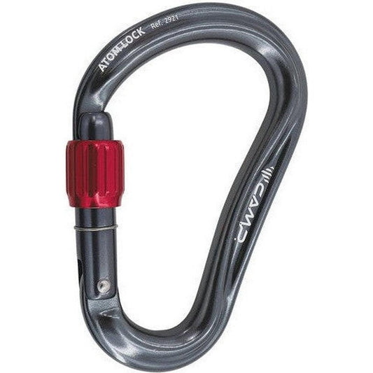 A side view of the CAMP Atom Lock carabiner with a red screw gate against a white background.