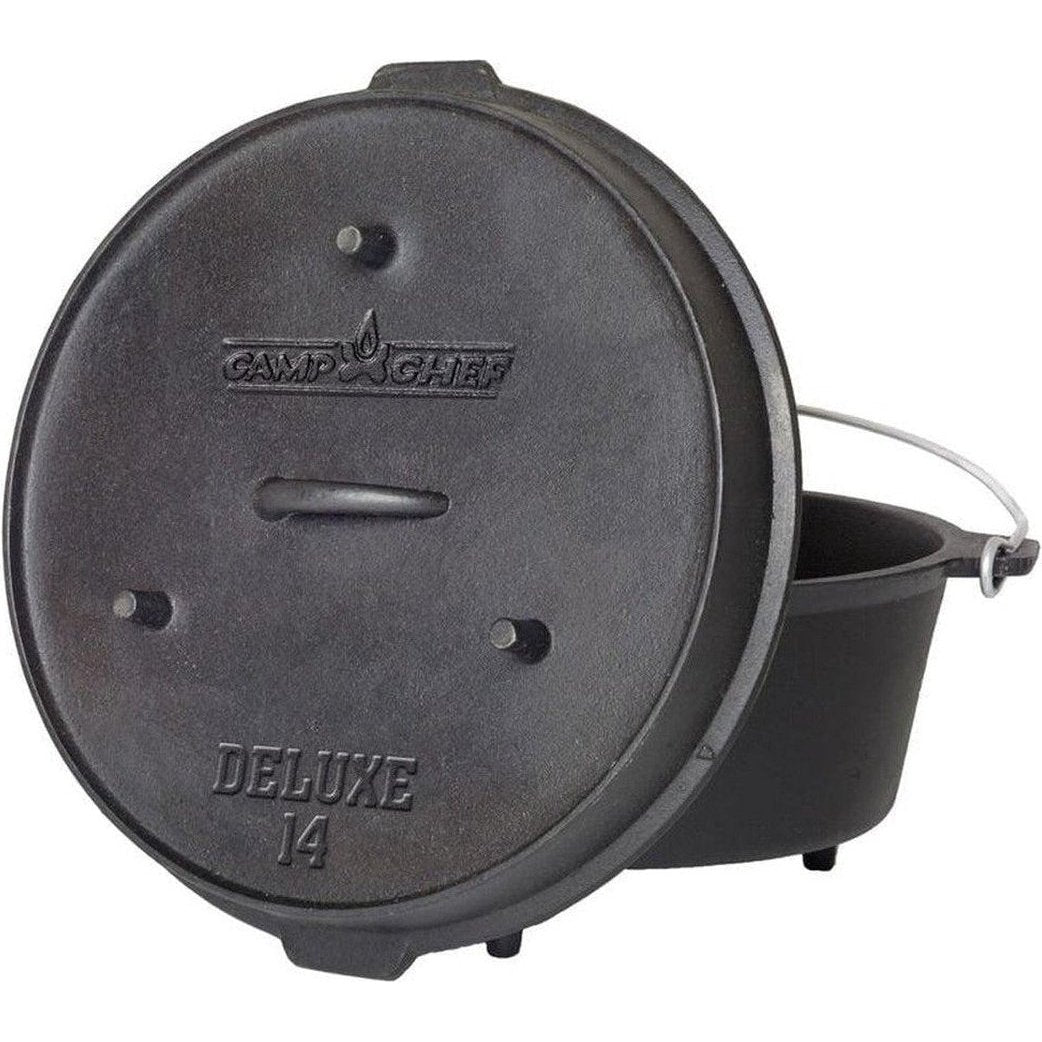 A top-down view of the Camp Chef Cast Iron Deluxe Dutch Oven 14" with its lid on, showing the brand name and model number.