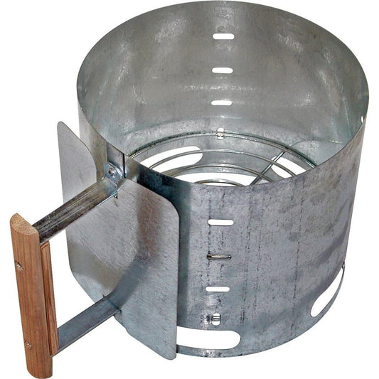 A side view of the Camp Chef Charcoal Lighter Basket showing the metal construction and wooden handle against a white background.