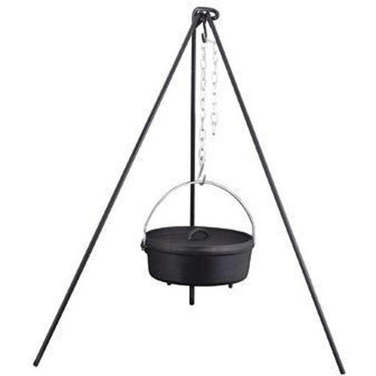 A black Camp Chef Dutch Oven Tripod with a hanging cast iron pot, photographed from a front angle against a white background.