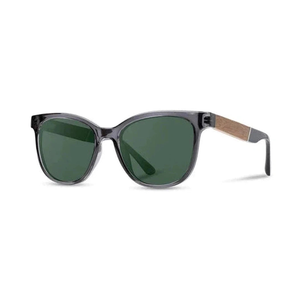 Side view of the Camp Eyewear Cove sunglasses with blue opal lenses and ebony frames against a white background.
