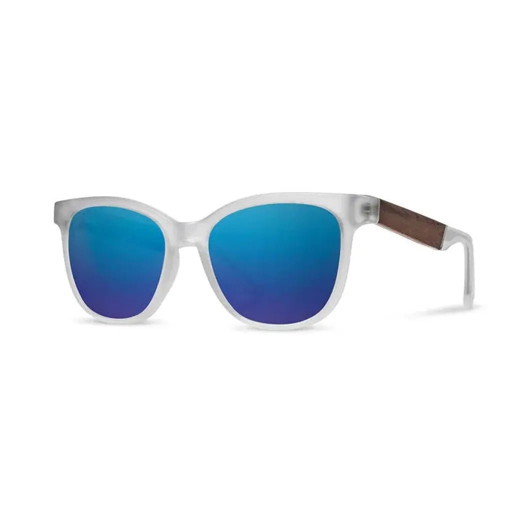 Side view of the Camp Eyewear Cove sunglasses with blue opal lenses and ebony temple accents against a white background.