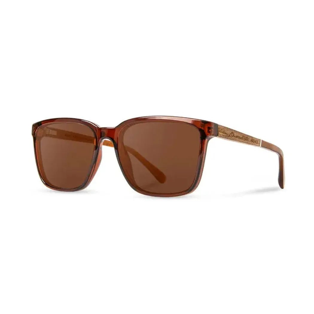 Side view of the Camp Eyewear Crag - Arches Edition sunglasses with brown lenses and a brown frame against a white background.