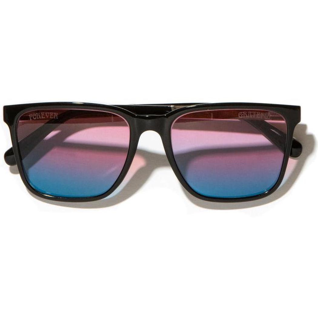 Black Camp Eyewear Crag sunglasses with Grateful Dead Stealie engraved on the temples, front view against a white background.