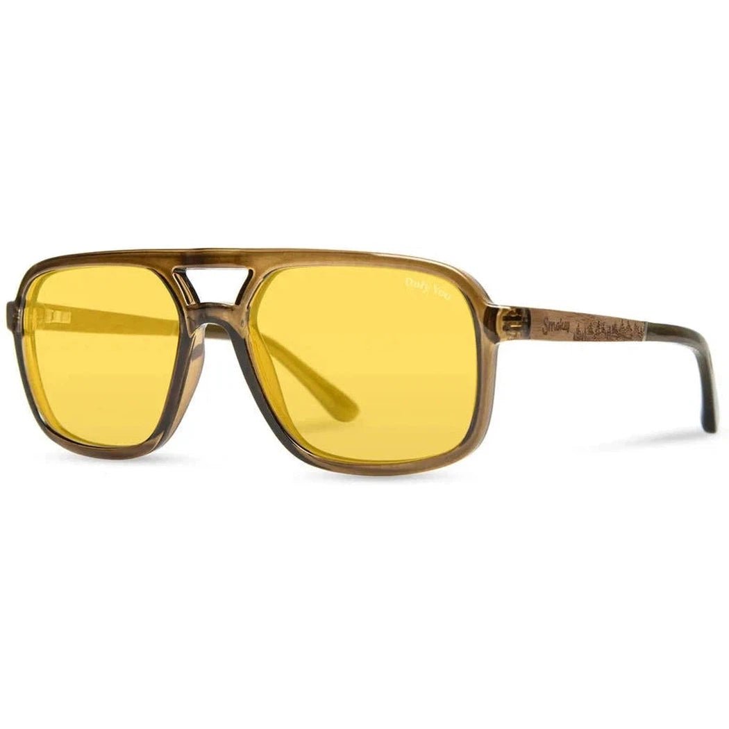 Side view of the Camp Eyewear Glacier - Smokey Bear sunglasses with yellow lenses against a white background.