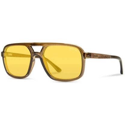 Side view of the Camp Eyewear Glacier - Smokey Bear sunglasses with yellow lenses against a white background.