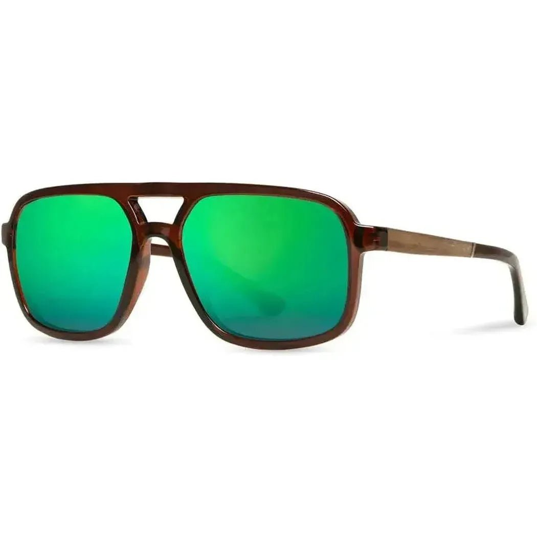 Side view of the Camp Eyewear Glacier sunglasses with black and walnut frames and green lenses against a white background.