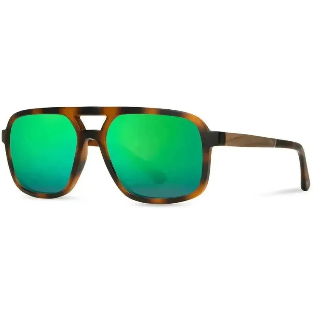 Side view of the Camp Eyewear Glacier sunglasses with tortoiseshell frames and green lenses against a white background.