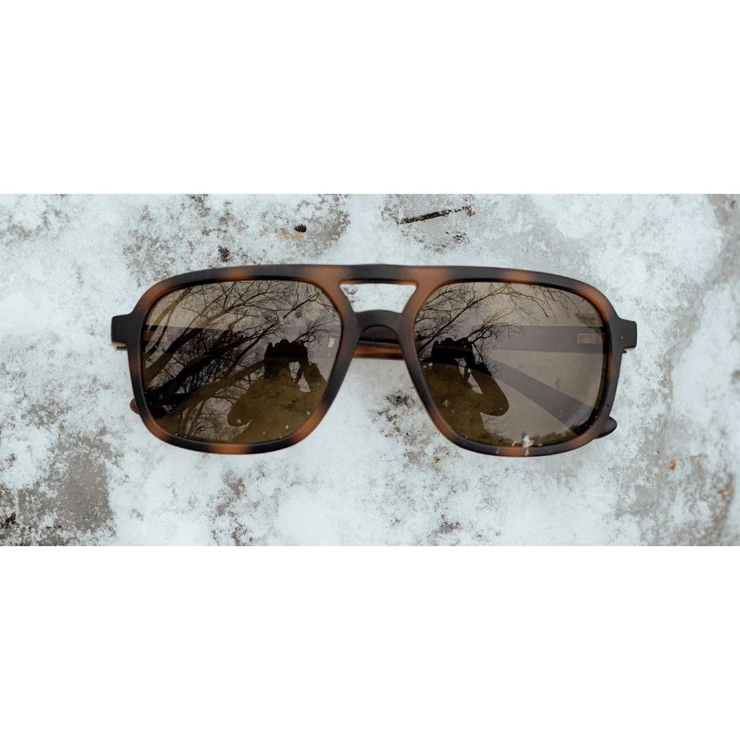 The Camp Eyewear Glacier sunglasses with Black // Walnut frames rest on a snowy surface, showing reflections of trees and a photographer.