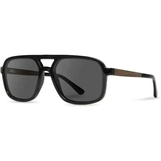 Side view of the Camp Eyewear Glacier sunglasses with black frames and walnut accents against a white background.