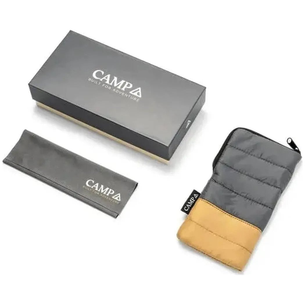 A top-down view of the Camp Eyewear Glacier sunglasses case and accessories box on a white background.